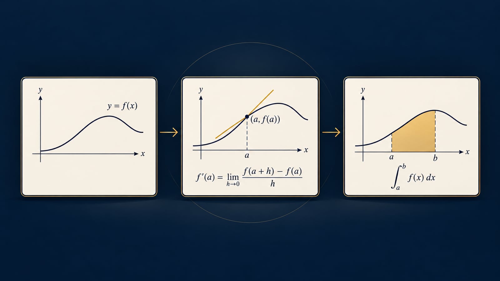 A curve y = f(x), then its tangent line at a point with the limit definition of the derivative, then the area under it from a to b shaded as a definite integral.