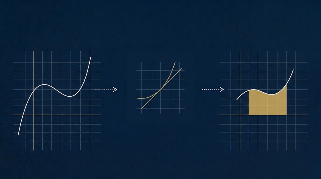 Calculus progression from a function to local rate of change and accumulated area.