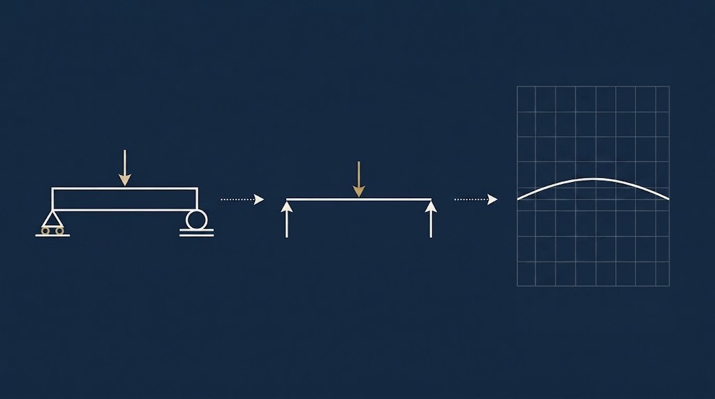Engineering workflow progressing from a physical beam system to an idealized model and analysis.