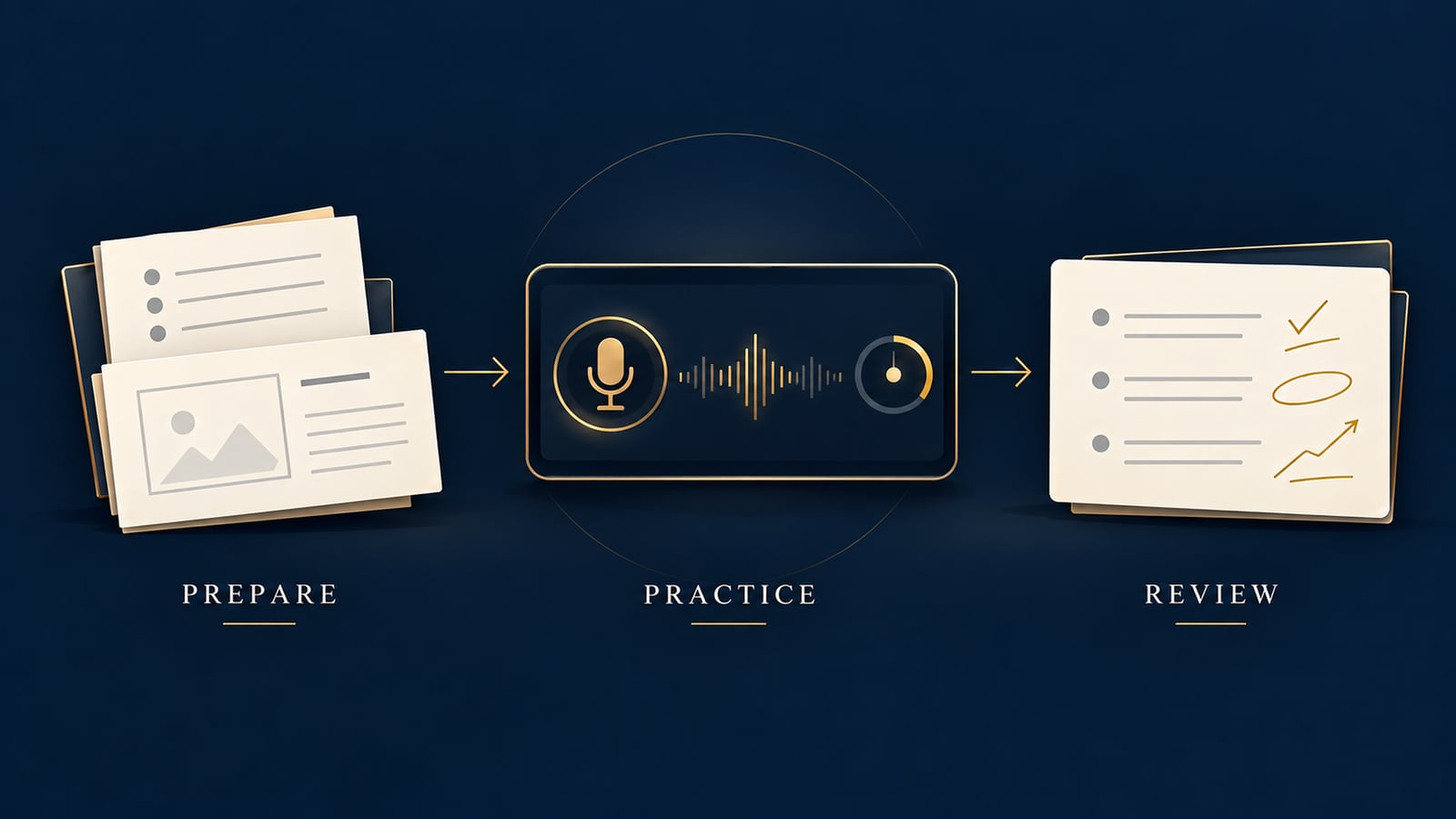 Preparation materials, then a recorded practice run, then written feedback with marked-up notes.