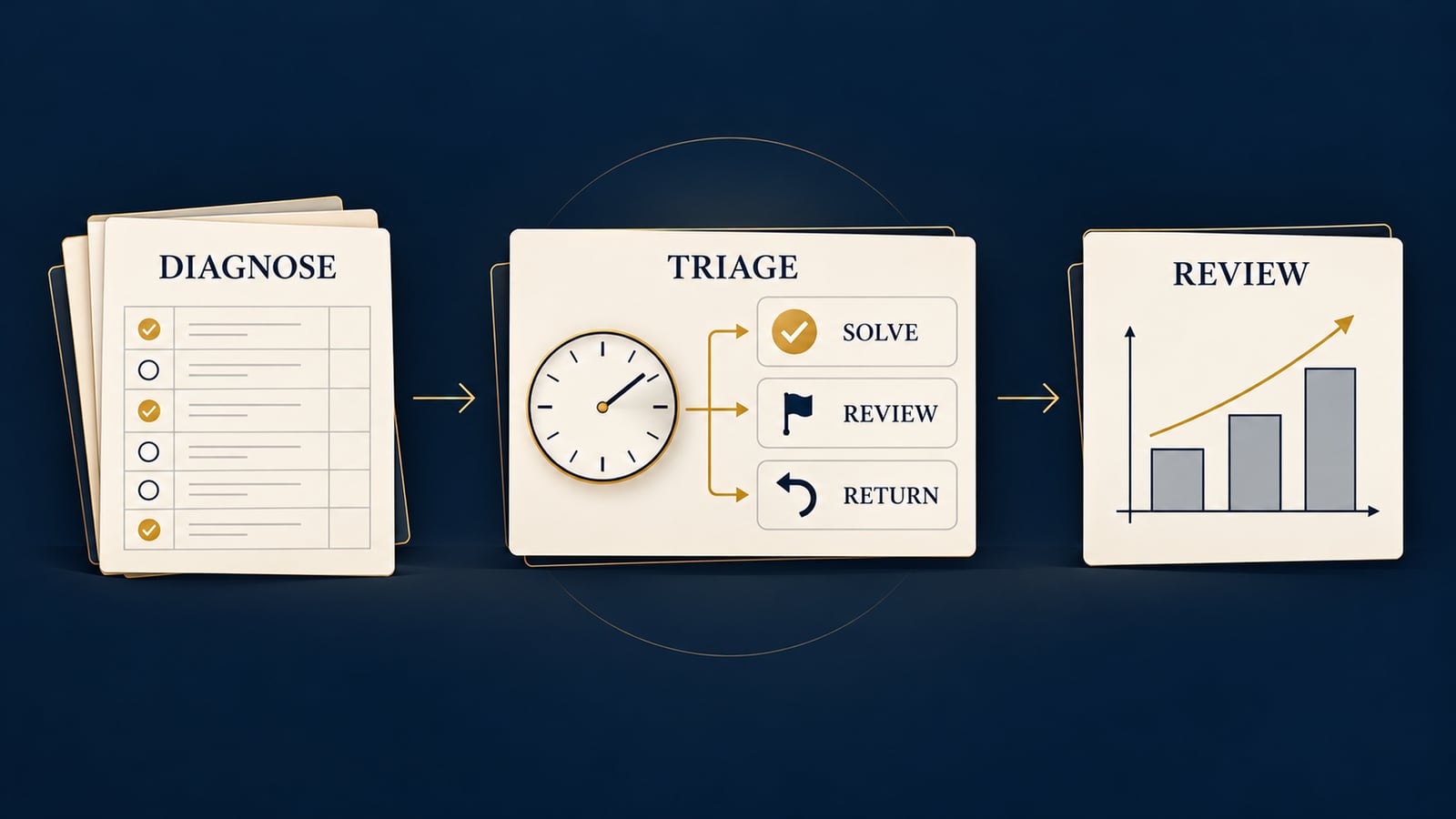 Three-stage test strategy: a diagnostic checklist, a timed triage that sorts each question into solve, review or return, and a rising chart of results.