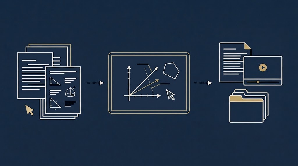 Virtual tutoring workflow from session preparation to live digital instruction and saved learning materials.